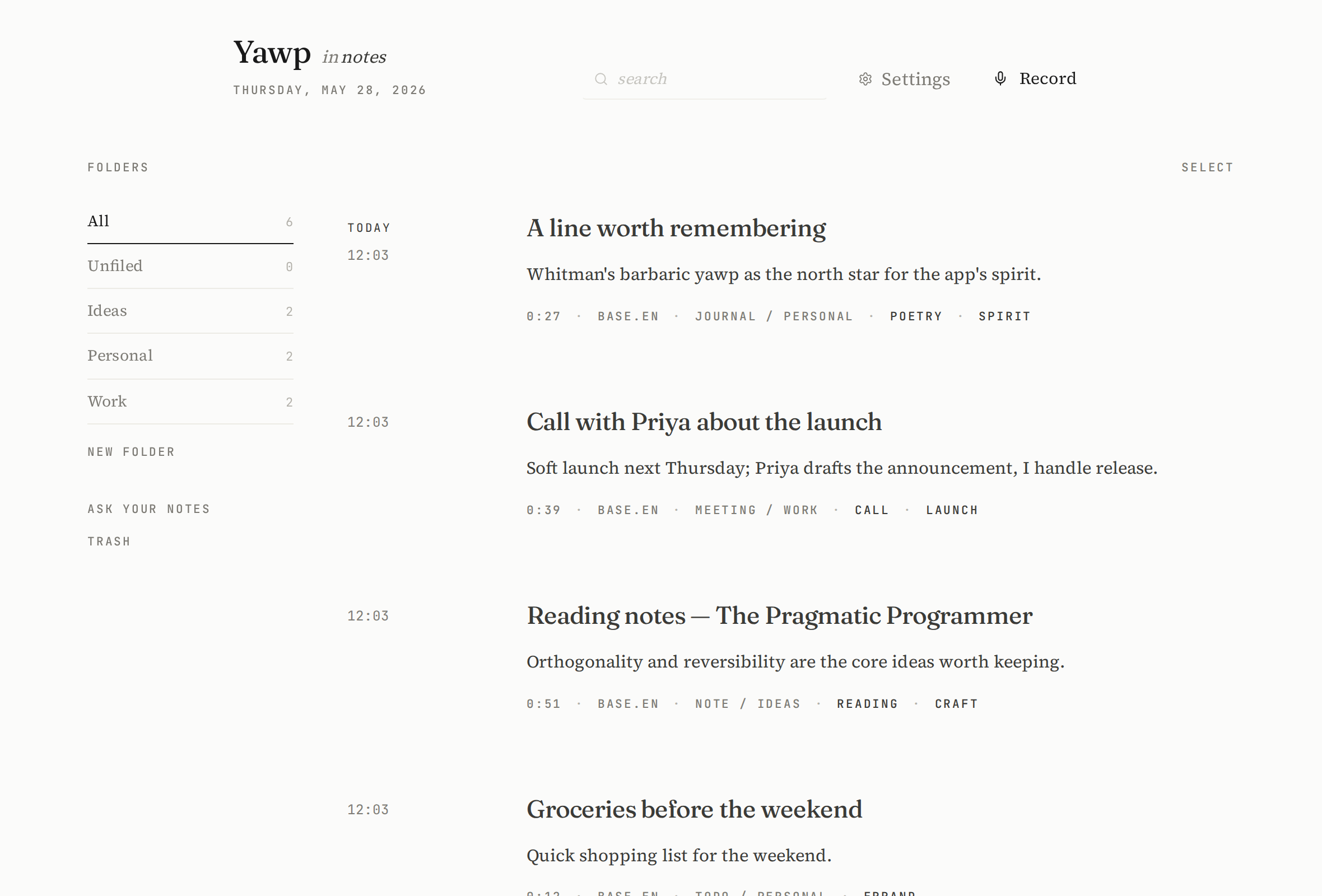 The Yawp notes library